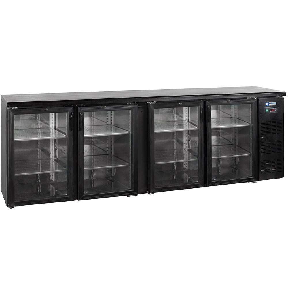 Refroidisseur de bouteilles Diamond à 4 portes vitrées, capacité de 630 litres, stocke diverses bouteilles dans un design moderne.