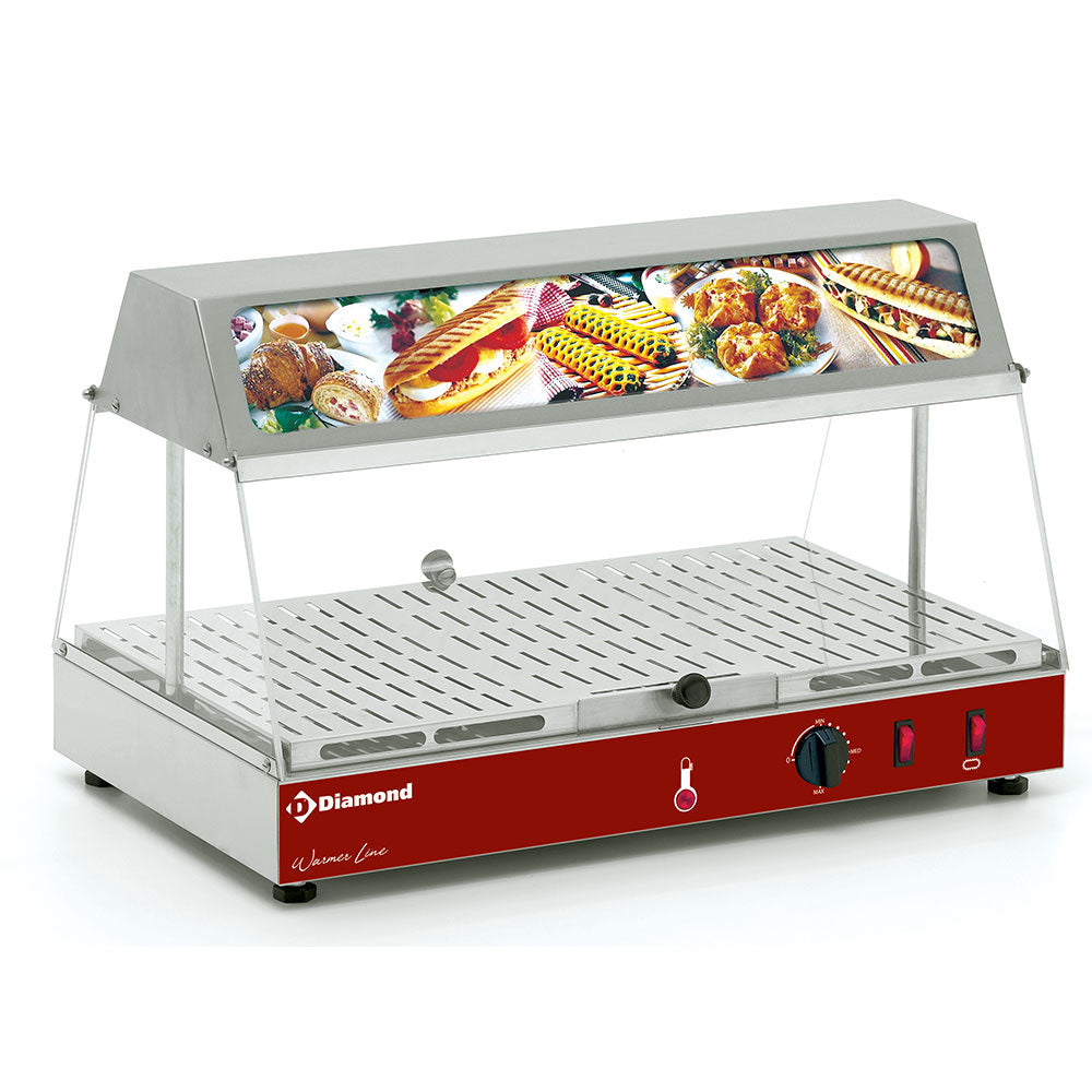 Vitrine chauffante Diamond avec bloc lumineux, niveau unique, en verre transparent pour présentation de produits.