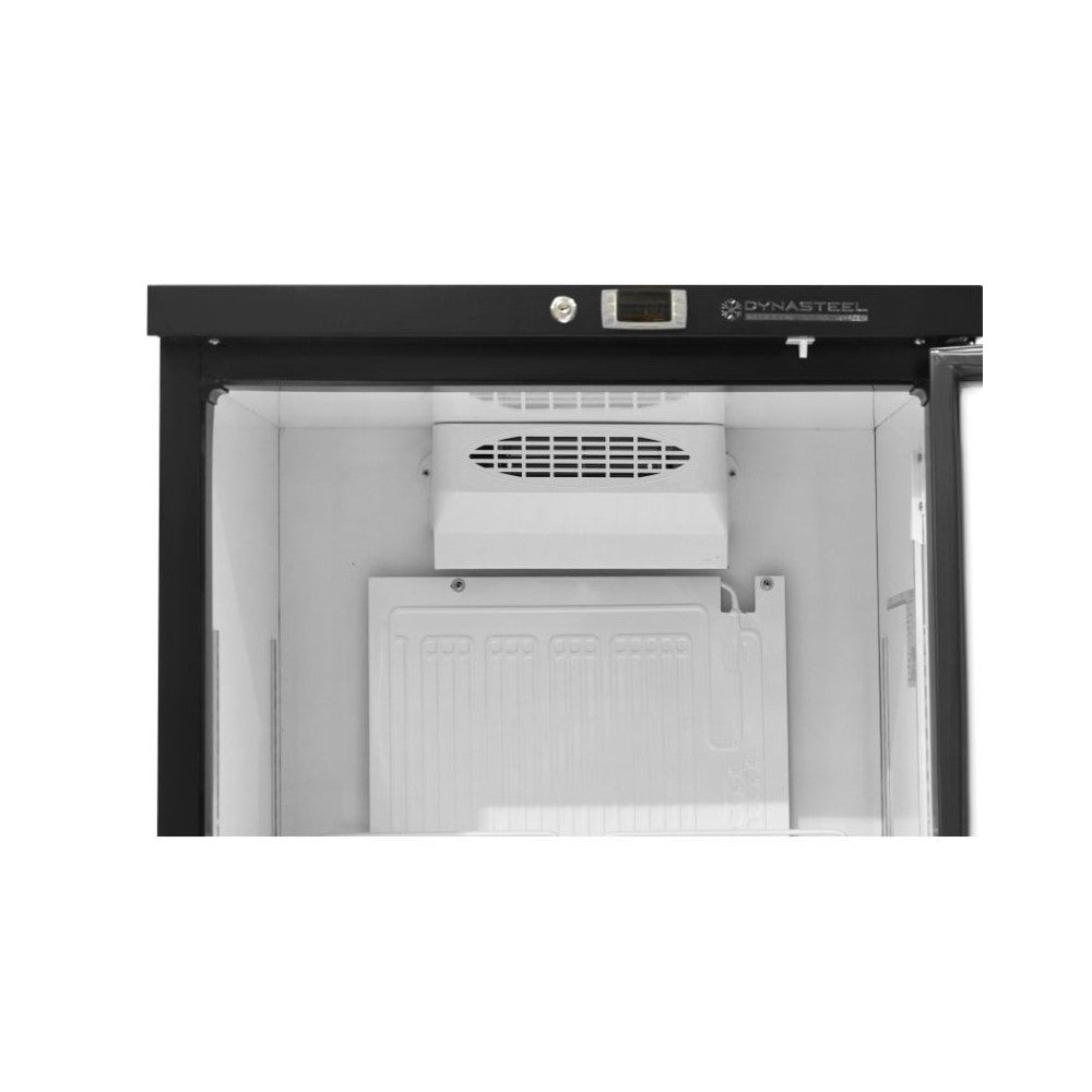 Armoire réfrigérée noire Dynasteel de 600 litres, avec portes vitrées et intérieur bien éclairé, pour stockage alimentaire.