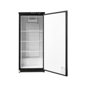 Armoire réfrigérée noire de 600 litres de la marque Dynasteel avec portes vitrées et intérieur spacieux.