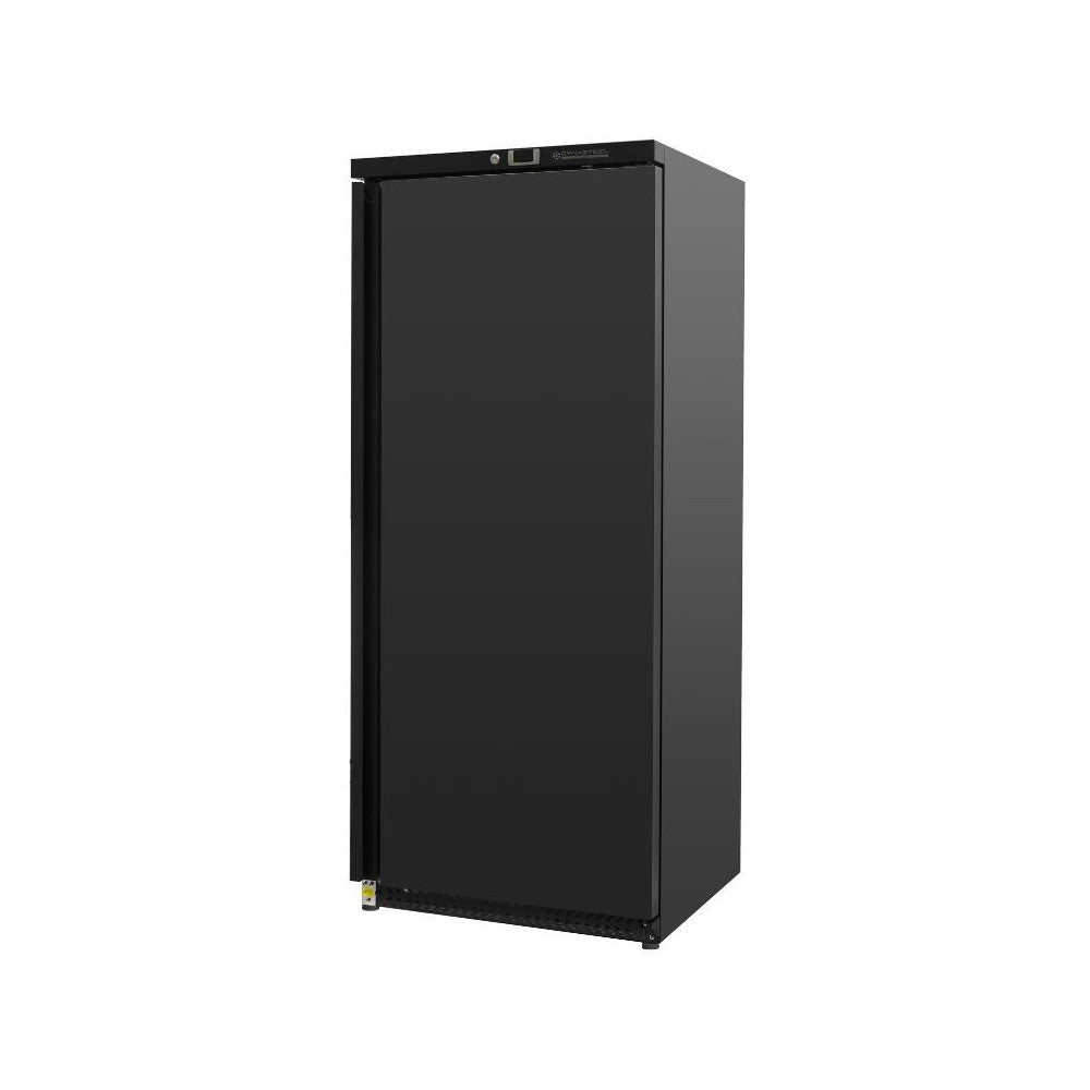 Armoire réfrigérée noire de 600 litres de marque Dynasteel, portes fermées et étagères visibles à l'intérieur