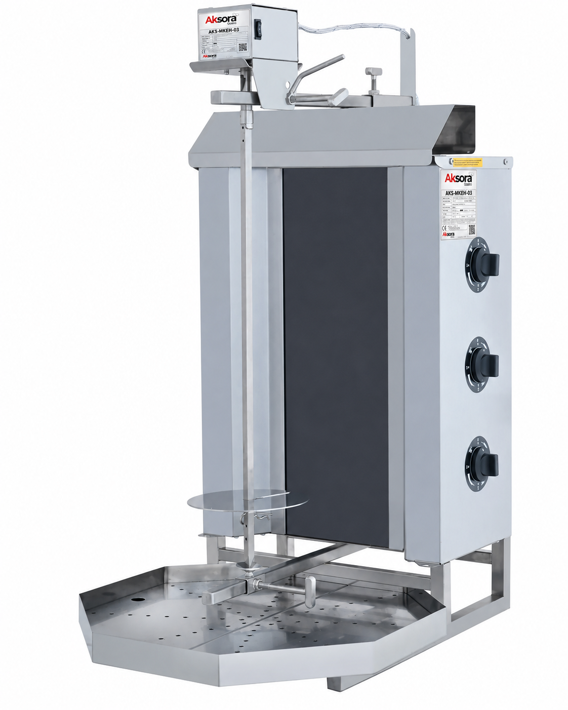 Machine à kebab électrique AKSORA avec 3 feux, moteur haut pour usage professionnel, idéale pour la cuisson du kebab.
