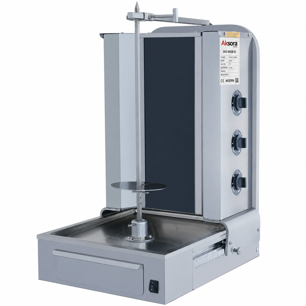 Machine à kebab électrique AKSORA avec 3 feux, moteur bas, machine professionnelle pour la cuisson de kebabs.