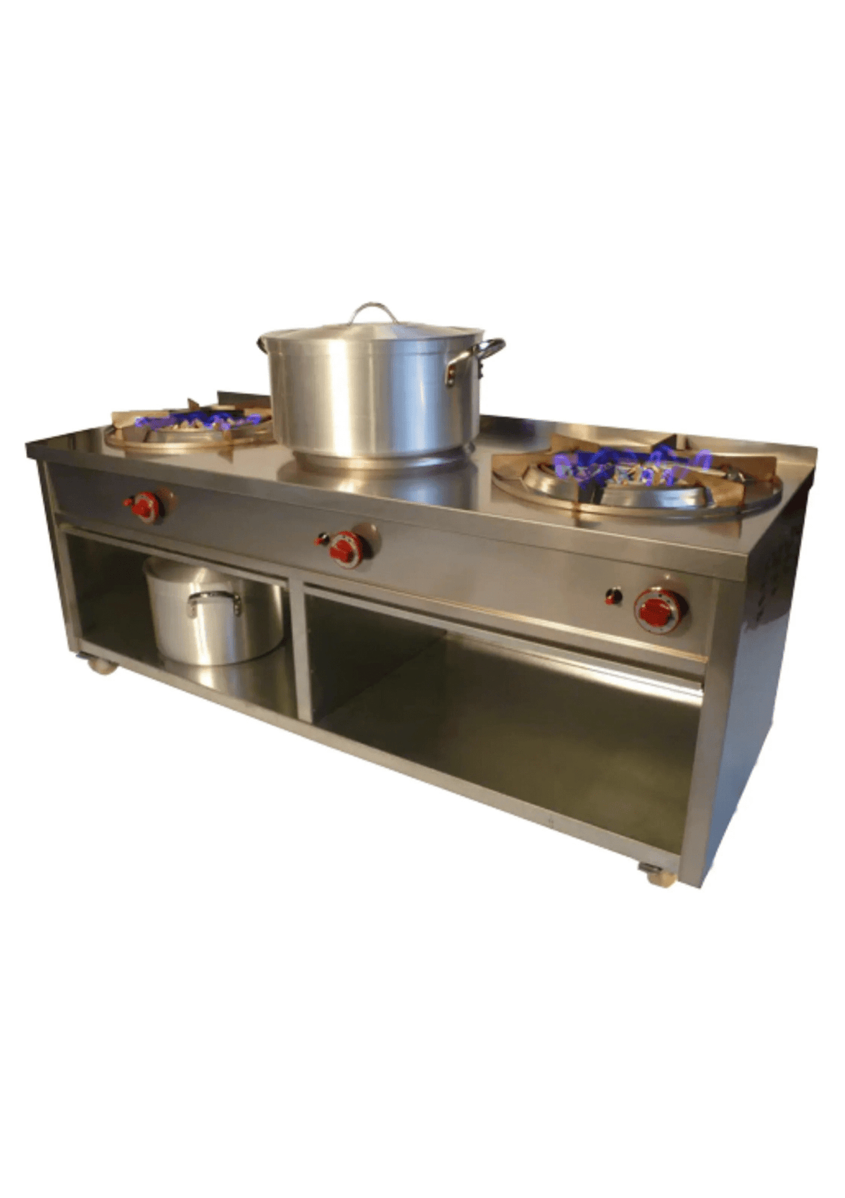 Cuisinière indienne professionnelle SHAAN avec brûleurs en acier inoxydable et grille de cuisson large.