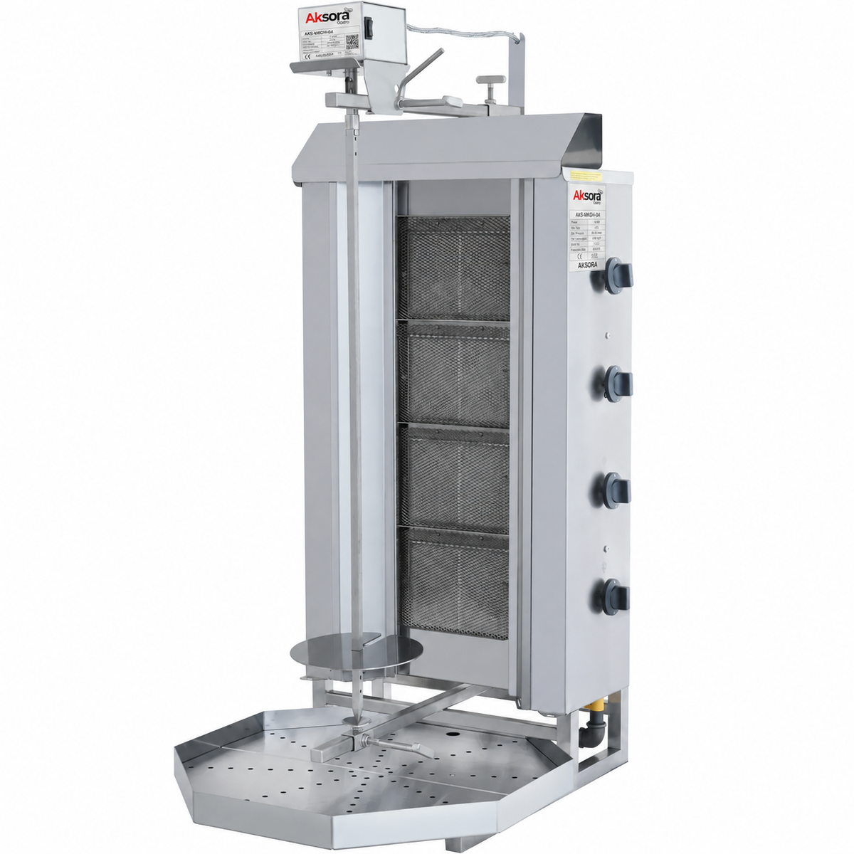 Machine à kebab professionnelle AKSORA avec 4 feux et moteur haut, conçue pour une cuisson efficace et rapide.