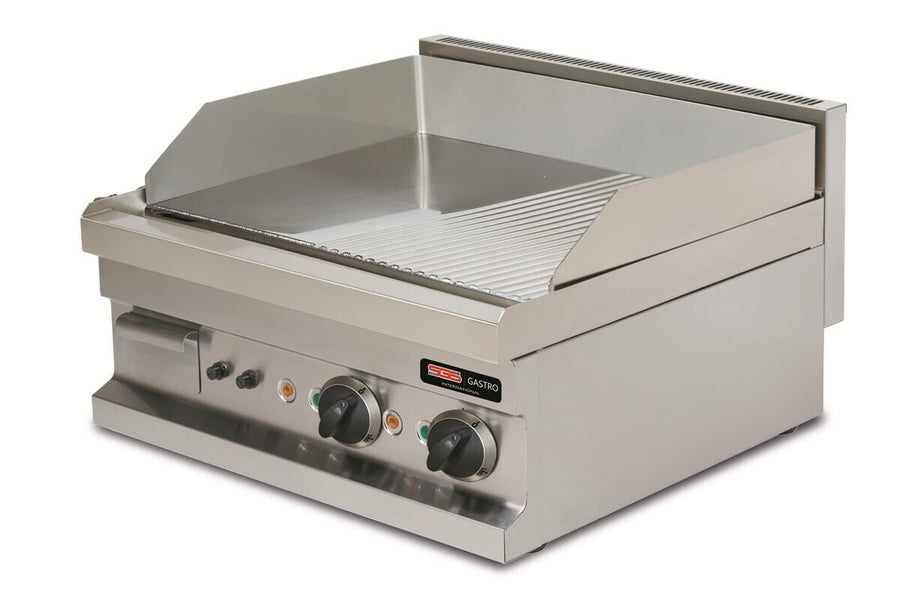 Plaque de cuisson électrique SGS Gastro lisse et rainurée de 9,6 kW, surface robuste pour cuisiner efficacement.