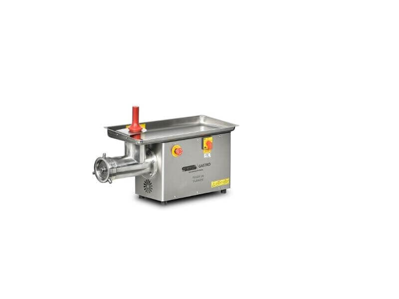 Hachoir à viande professionnel en inox SGS Gastro, capacité 400 kg/h, puissance 1500 W, vue de face avec lame et engrenages.