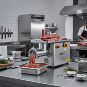 Hachoir à viande professionnel en inox SGS Gastro, 600 kg/h, 2200 W, vue de face avec la lame et le poussoir.