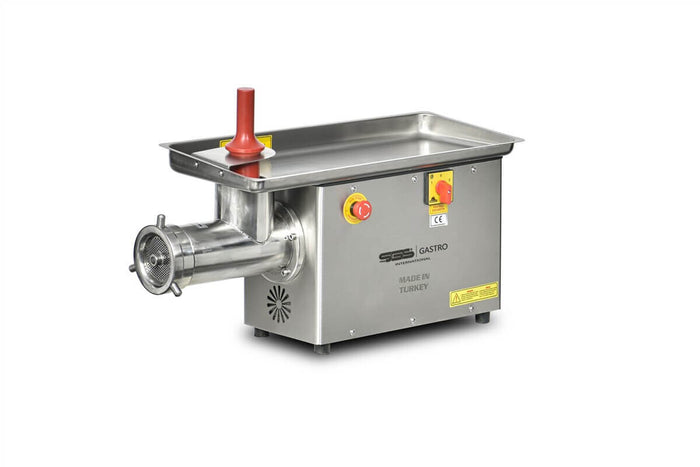Hachoir à viande professionnel en inox SGS Gastro, capacité 600 kg/h, puissance 2200 W, pour une découpe efficace.