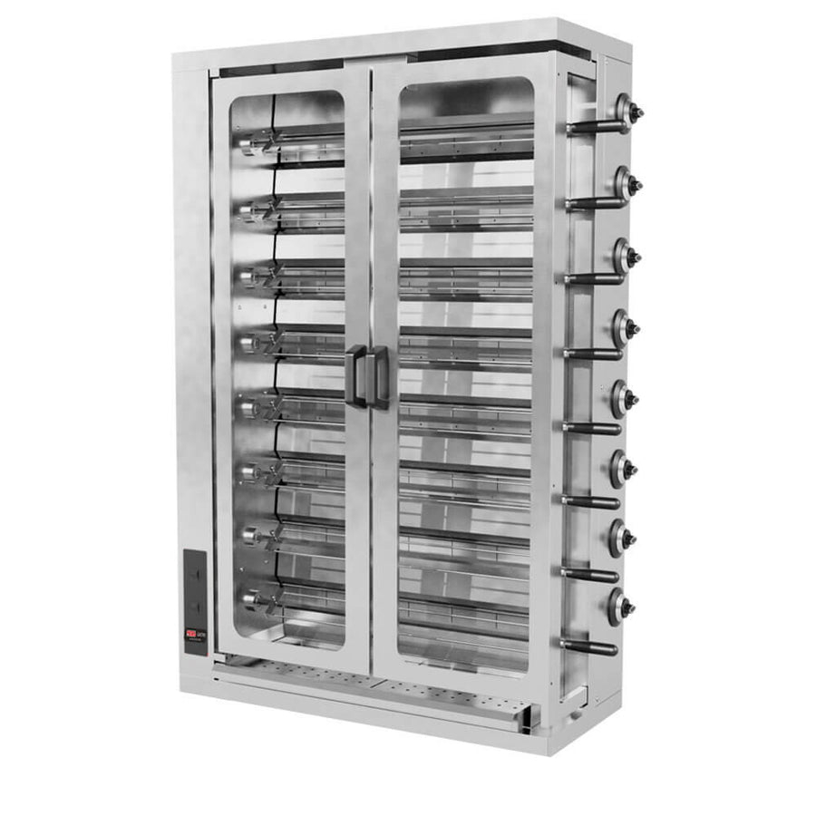 Rôtissoire électrique professionnelle SGS Gastro avec 8 broches, capacité de 48 poulets, dimensions 1098x480x2020 mm, pour cuisson efficace.