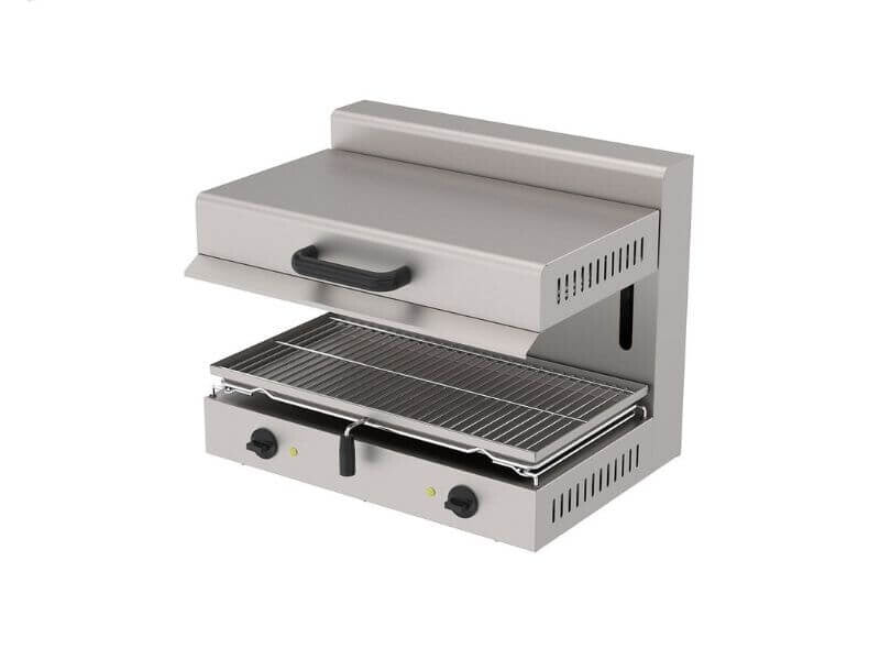 Salamandre électrique professionnelle SGS Gastro, 3 kW, grille réglable, dimensions 63 x 33 cm, utilisée pour la cuisson ou la gratinage.