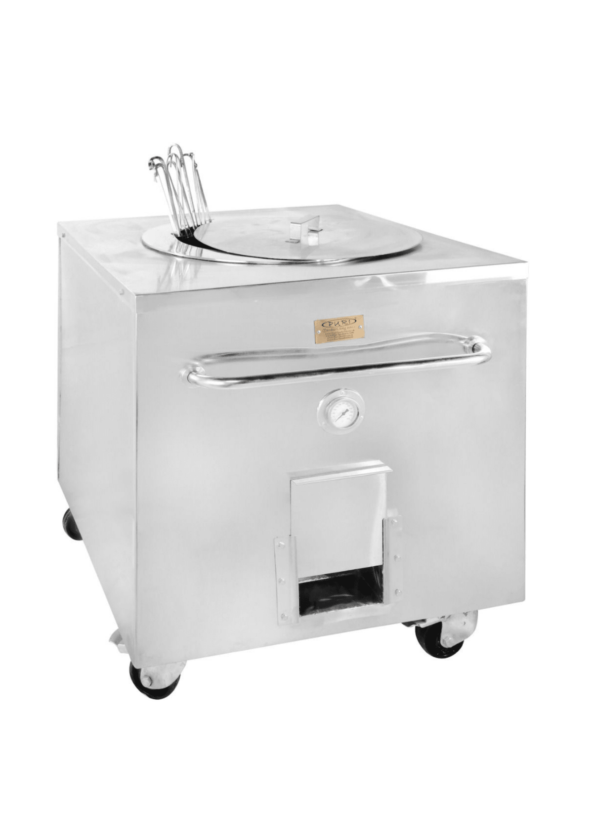 Four tandoor professionnel au charbon PURI, four tandoori en fonte avec porte et poignées, utilisé pour cuisiner au charbon.