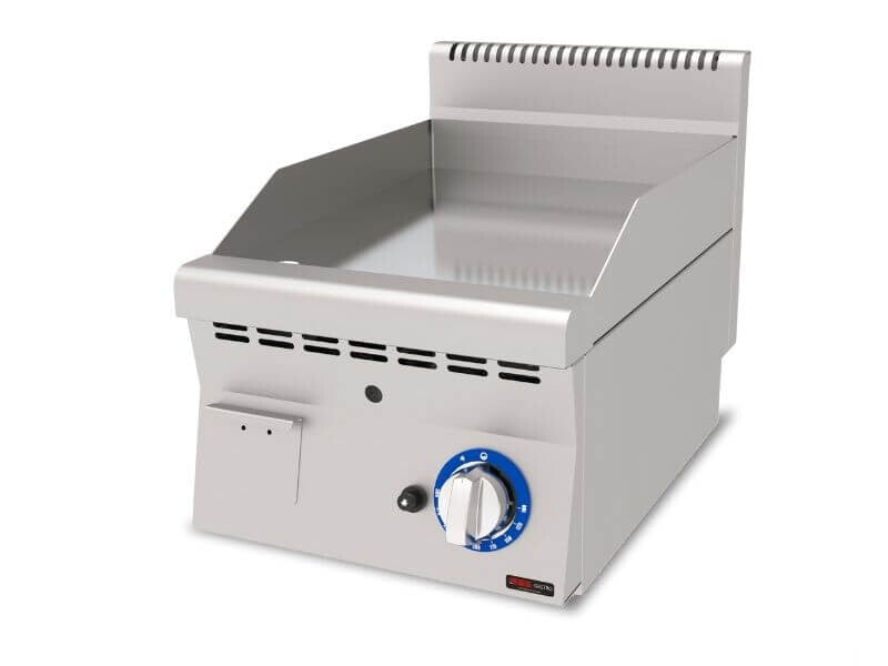 Plaque de cuisson gaz en chrome dur SGS Gastro, lisse, 4,7 kW, série 600, surface résistante et facile à nettoyer.