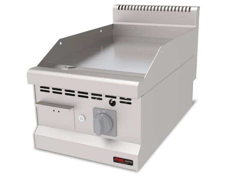 Plaque à snacker gaz lisse SGS Gastro, 6,3 kW, série 700, surface en chrome dur, adaptée à la cuisson rapide.