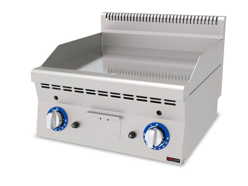 Plaque de cuisson gaz SGS Gastro en chrome dur, lisse, 7,4 kW, série 600, surface résistante et facile à nettoyer.