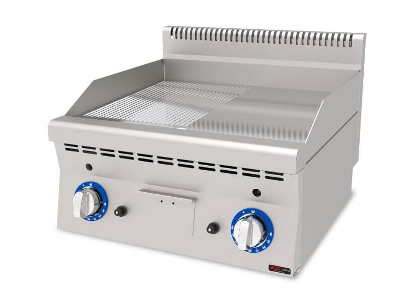 Plaque de cuisson gaz SGS Gastro en chrome dur lisse/rainurée, 7,4 kW, série 600, surface résistante et facile à nettoyer.