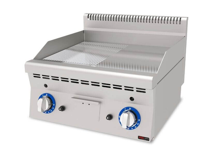 Plaque de cuisson gaz SGS Gastro en chrome dur lisse et rainurée, 7,4 kW, série 600, surface résistante et pratique.