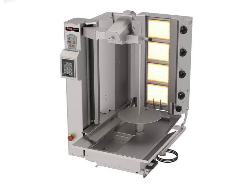 Robot kebab gaz SGS Gastro avec 4 brûleurs, moteur inférieur, capacité de 80 kg, grill à kebab professionnel.