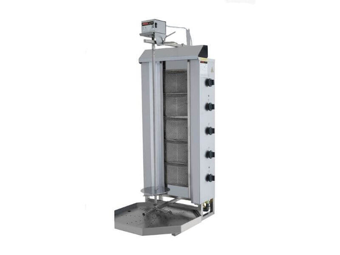 Gril à kebab gaz SGS Gastro avec 5 brûleurs, moteur supérieur, capacité de 80 kg, portes à volet, pour cuisson professionnelle.