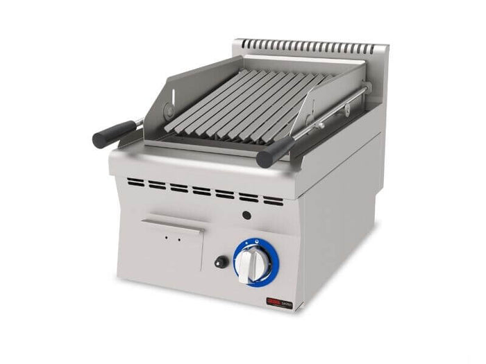 Grill à pierre de lave gaz SGS Gastro, 6,5 kW, série 600, avec plaque de cuisson en pierre de lave et commande de gaz.