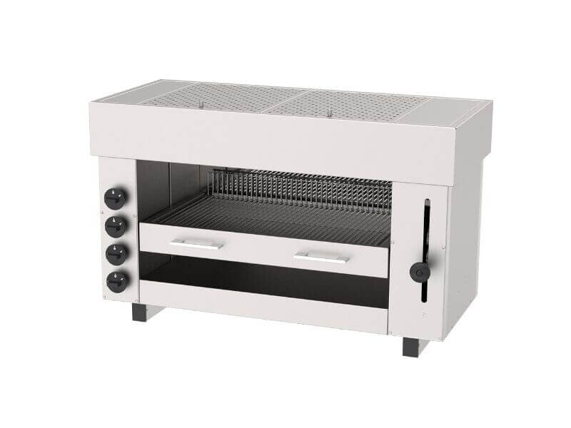 Salamandre gaz professionnelle SGS Gastro à 4 zones, 12,4 kW avec grille réglable pour cuisson et grillade.