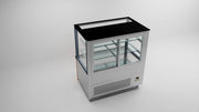Vitrine réfrigérée professionnelle SGS Gastro de 100 cm avec façade en bois, deux étagères et panneau acoustique en bois.