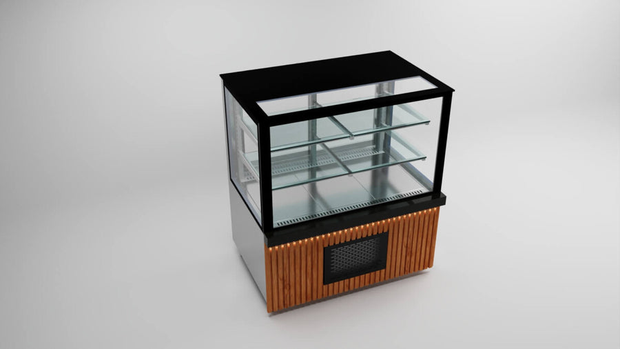Vitrine réfrigérée professionnelle SGS Gastro de 100 cm avec façade en bois, deux étagères et panneau acoustique noir.