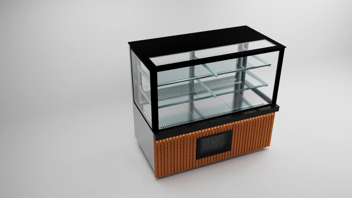 Vitrine réfrigérée SGS Gastro 120 cm avec panneau acoustique en bois, façade en noir granit et 2 étagères.