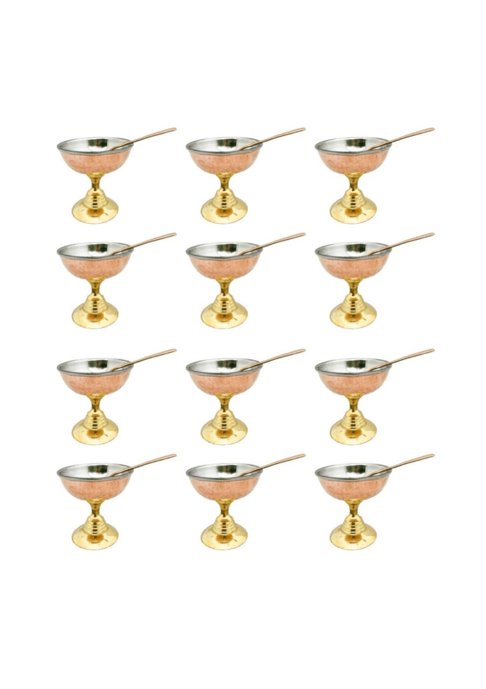 Lot de 12 coupes à dessert et cuillères en vaisselle indienne PURI, élégantes et colorées, pour présentation gastronomique.