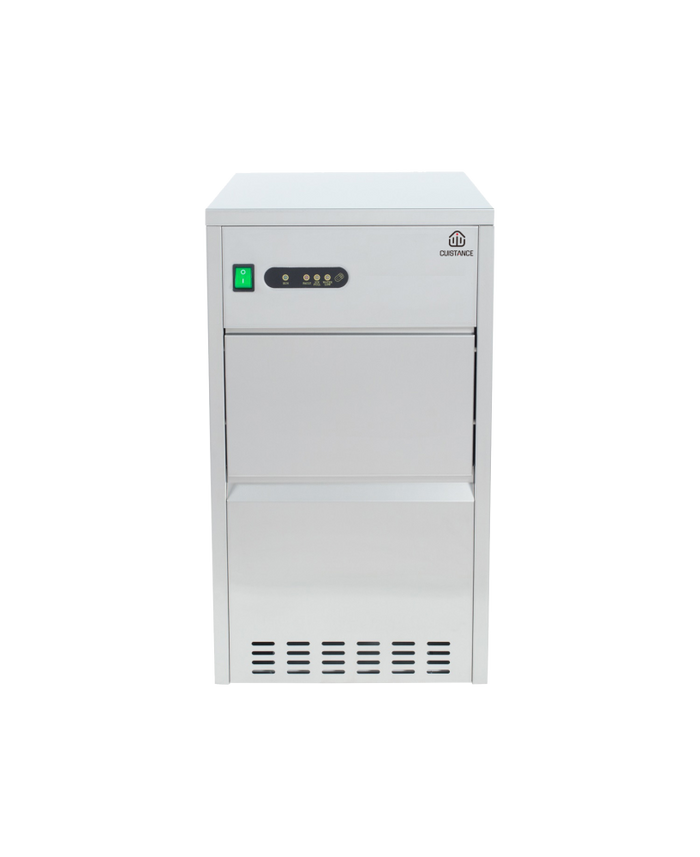 Machine à glaçons Cuistance, modèle FROID, dimensions L 330 mm x H 607 mm, en fonctionnement avec glaçons visibles.