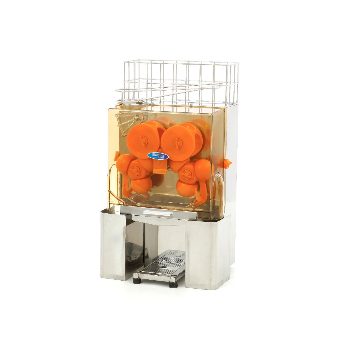 Presse-orange électrique MAXIMA, capacité de 8 kg, production de 25 jus par minute, vue de l'appareil en fonctionnement.