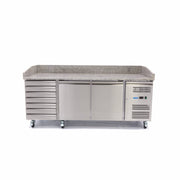 Réfrigérateur saladette pizza Maxima, 202 cm, 2 portes, 7 tiroirs, idéal pour la préparation et la conservation des pizzas.