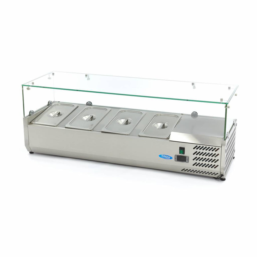 Vitrine froide Maxima pour comptoir de 120 cm avec 4 conteneurs GN 1/3, idéale pour la préparation et la présentation alimentaire.