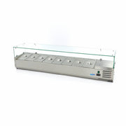 Vitrine froide Maxima pour préparation, 180 cm, adaptée à 8 containers GN 1/3, avec portes en verre transparent.