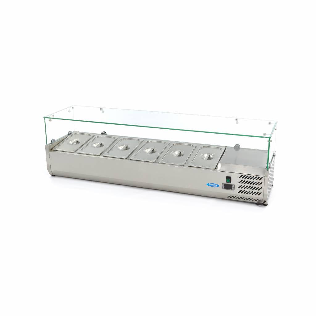 Réfrigérateur de préparation de comptoir MAXIMA, 150 cm, adapté pour 6 bacs gastronormes 1/3 GN, en acier inoxydable.