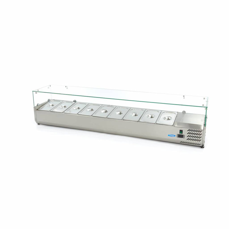 Vitrine froide Maxima pour préparation, 200 cm, adaptée à 9 conteneurs GN 1/3, avec portes en verre transparent.