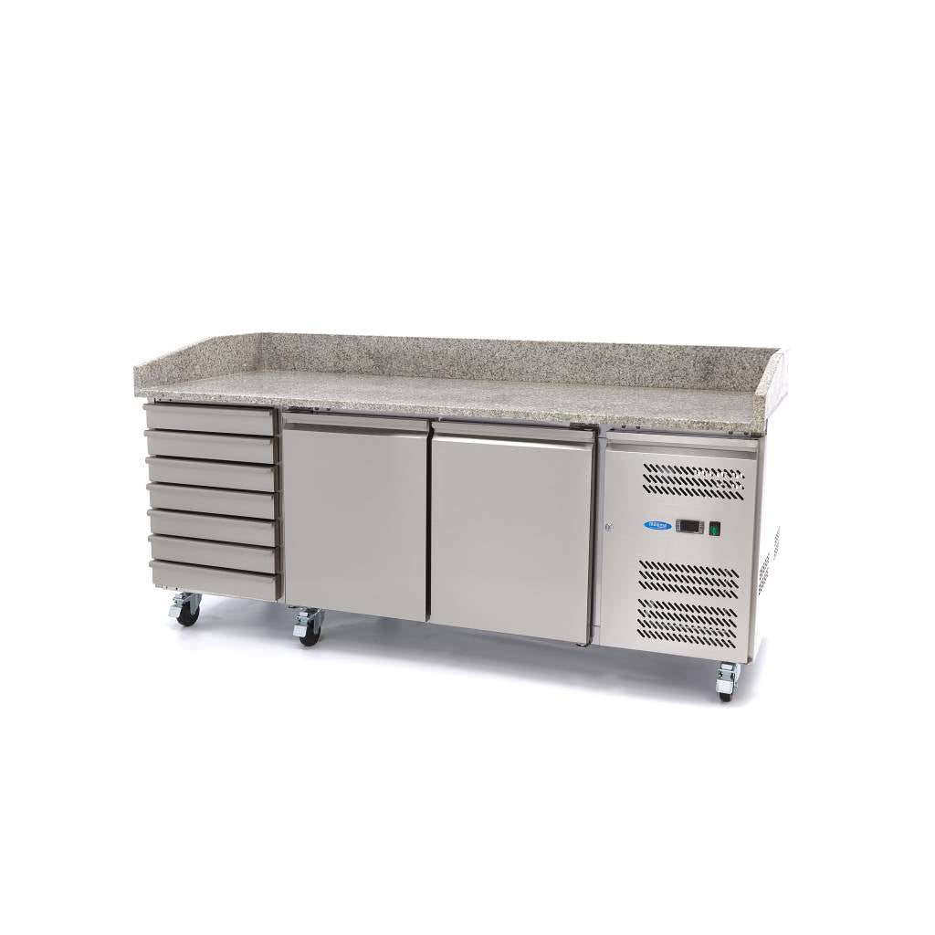 Saladette pizza Maxima, réfrigérateur pour la préparation des pizzas, 202 cm, 2 portes, 7 tiroirs, design professionnel.