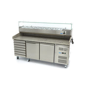 Saladette pizza Maxima, réfrigérateur de 202 cm avec 2 portes et 7 tiroirs pour la préparation de pizzas, en acier inoxydable.