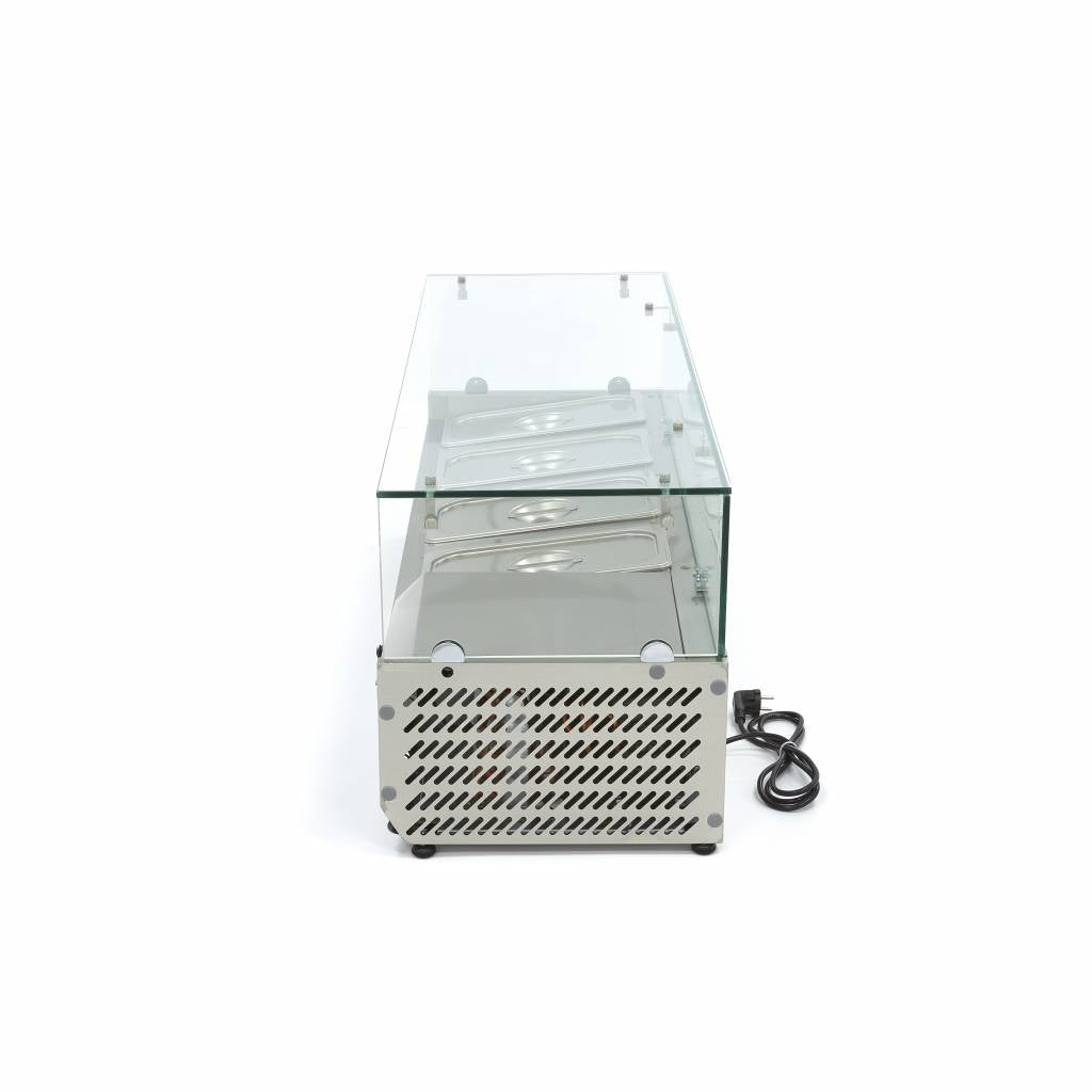 Vitrine froide Maxima de 120 cm pour préparation, avec espace pour 4 conteneurs GN 1/3, idéale pour cuisine professionnelle.
