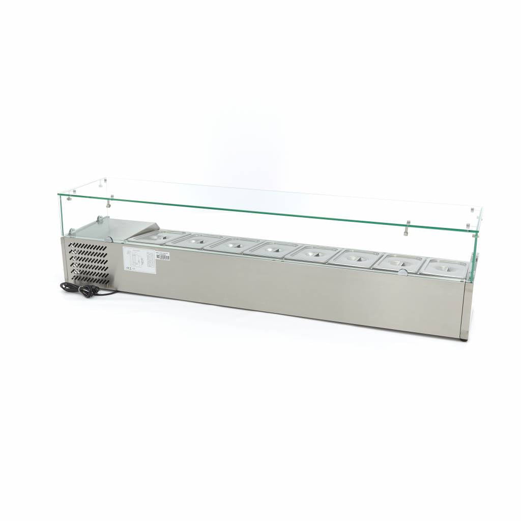 Vitrine froide Maxima de 180 cm pour préparation, avec 8 conteneurs GN 1/3, idéale pour la restauration et la cuisine professionnelle.