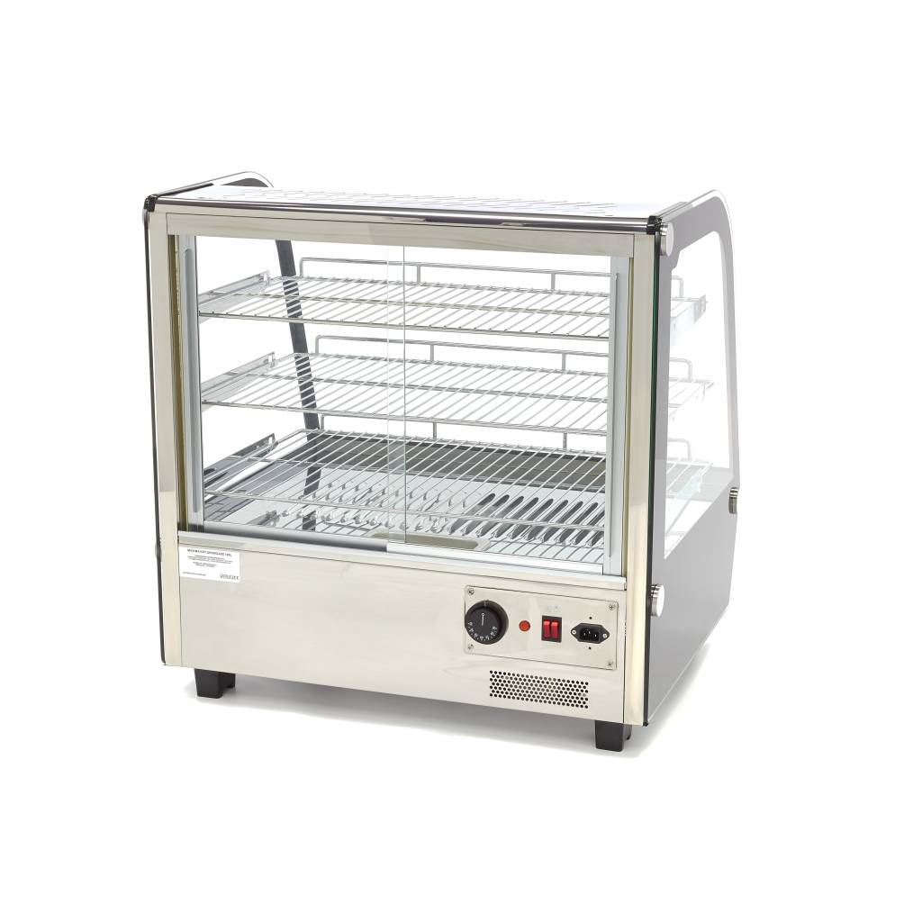 Vitrine chauffante Maxima de 120L avec 3 étagères, dimensions 67,8 cm, en verre et acier pour présentation de produits alimentaires.