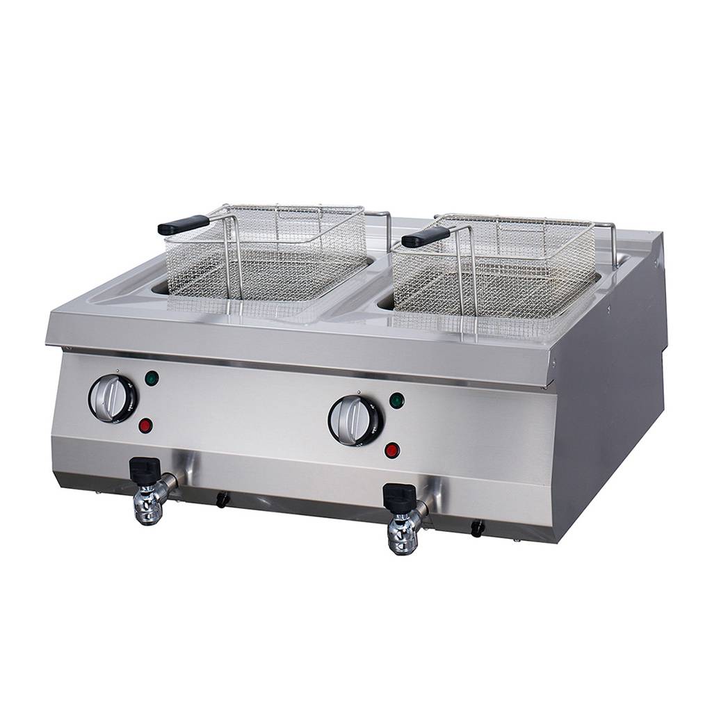 Friteuse professionnelle double Maxima, unité électrique avec deux cuves de 12 L, robinet de vidange, profondeur 70 cm.