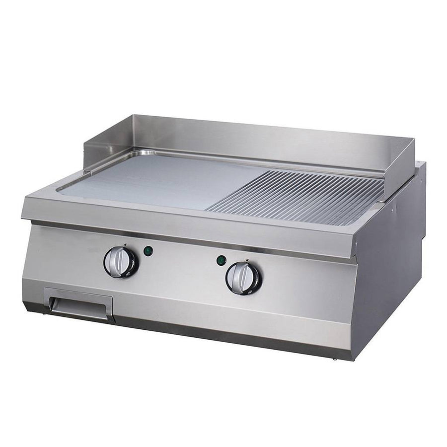Plaque de gril électrique Maxima, ligne de cuisson 700, chrome demi-rainuré, unité double, 70 cm de profondeur, robuste et adaptée à la cuisson.