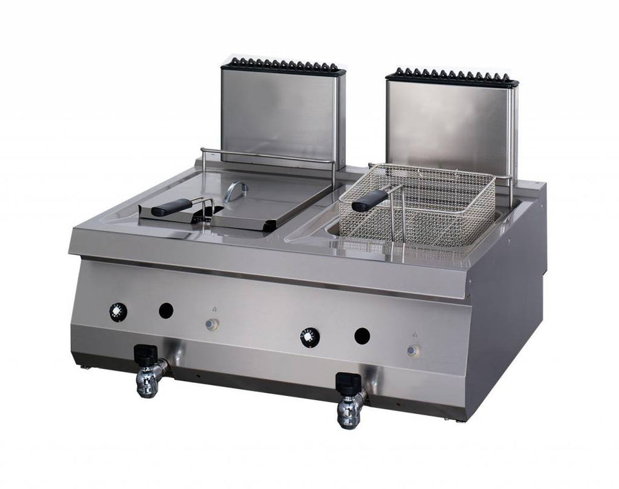 Friteuse professionnelle Maxima à gaz, double cuve de 12 L, profondeur 70 cm, avec robinet de vidange pour cuisine commerciale.