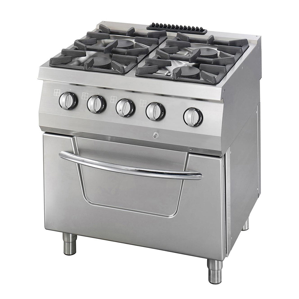 Cuisinière professionnelle Maxima, ligne de cuisson 700, 4 brûleurs gaz, unité double, four intégré, profondeur 70 cm, 37kW.