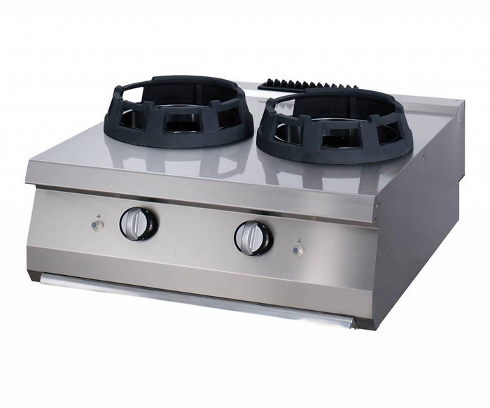 Cuiseur wok professionnel Maxima, unité double, anneaux de cuisson de 28,5 cm, ligne de cuisson gaz 700, profondeur 70 cm.