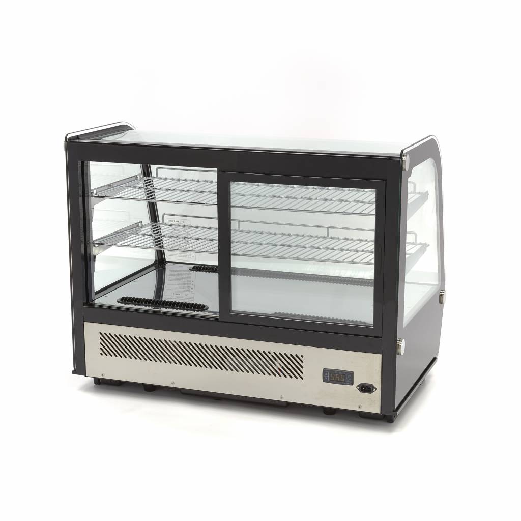 Vitrine à gâteaux réfrigérée Maxima de 160 L avec portes coulissantes arrière, hauteur 88 cm, idéale pour la présentation de desserts.