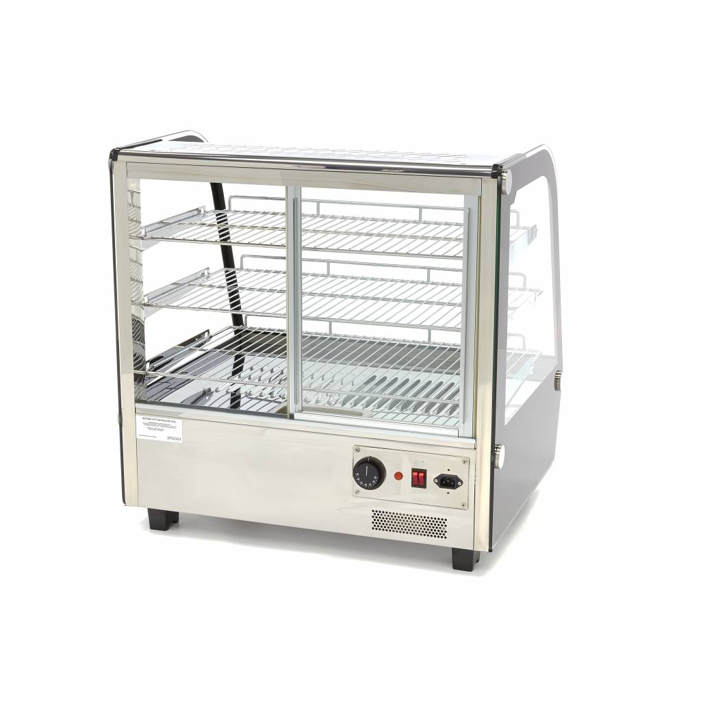 Vitrine chauffante Maxima de 120 L avec 3 étagères en verre, largeur de 67,8 cm, idéale pour présenter des produits chauds.