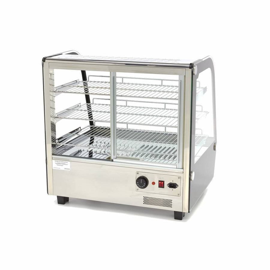 Vitrine chauffante Maxima de 120 L avec 3 étagères, en verre transparent, idéale pour présenter des aliments chauds.