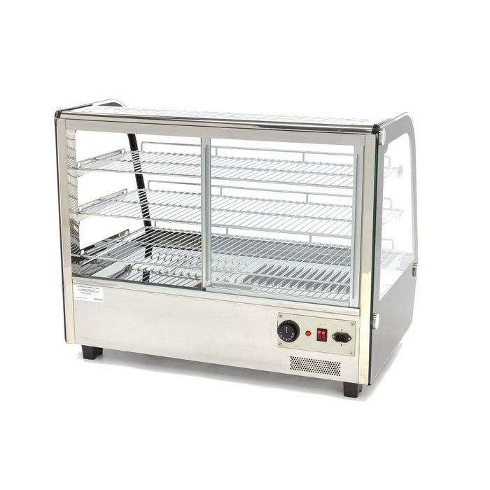 Vitrine chauffante Maxima de 160 L avec 3 étagères, en verre et acier, pour présentation de produits chauds.